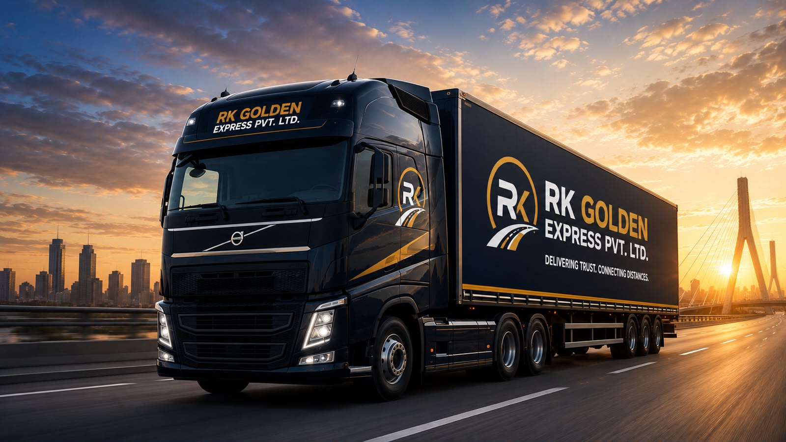 RK Golden Express branded truck on a highway bridge at sunset