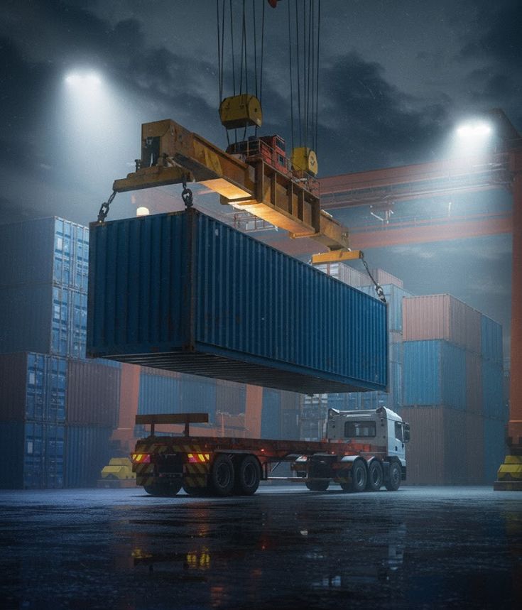 Container being loaded by crane at a freight yard